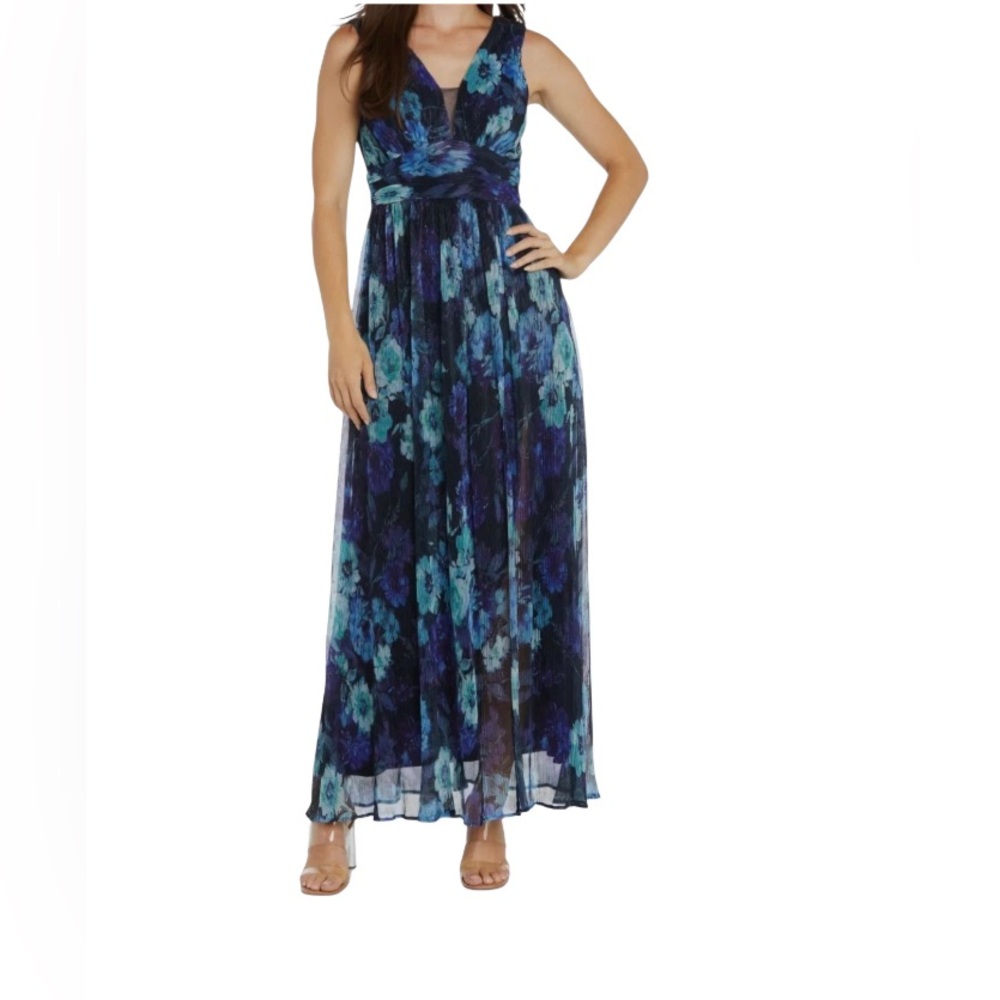 R & M Richards Women Floral-Print Crinkled V-Neck Maxi Dress Navy Periwinkle 16